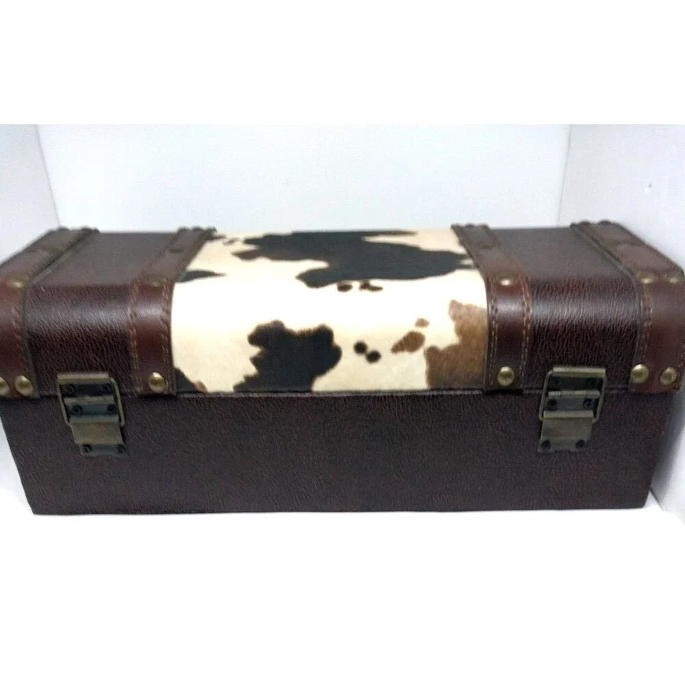 Faux Cowhide Leather Jewelry Box Brown Felt Lining 12